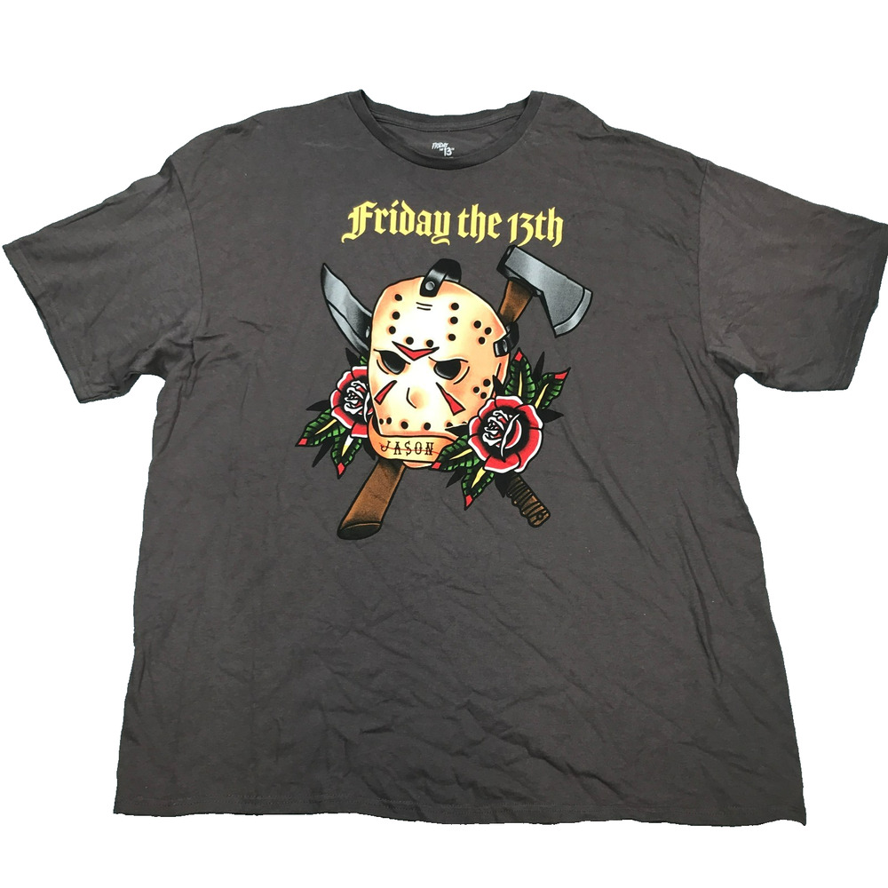 Friday The 13th Men's XXL Graphic T-Shirt Jason Tattoo Gray Halloween Roses BA13